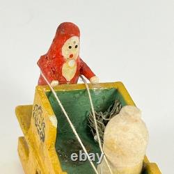 Vintage German Erzgebirge Wood Putz MINIATURE Santa Sleigh Reindeer Early 20th C