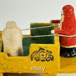 Vintage German Erzgebirge Wood Putz MINIATURE Santa Sleigh Reindeer Early 20th C