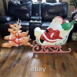 Vintage Grand Venture Christmas Santa Claus Sleigh 2 Reindeer withStakes Blow Mold