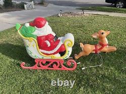 Vintage Grand Venture Santa And Sleigh With Reindeer Blow Mold With Lights