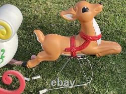 Vintage Grand Venture Santa And Sleigh With Reindeer Blow Mold With Lights