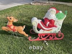 Vintage Grand Venture Santa And Sleigh With Reindeer Blow Mold With Lights