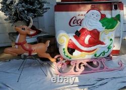 Vintage Grand Venture Santa Claus Sleigh 1 Reindeer Christmas Blow Mold Light