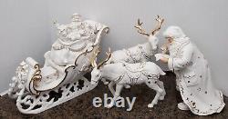 Vintage Grandeur Noel 2001 White & Gold Porcelain Santa Sleigh Set Reindeers Box
