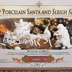 Vintage Grandeur Noel 2001 White & Gold Porcelain Santa Sleigh Set Reindeers Box