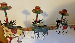 Vintage Handmade Cast Iron Santa, Sleigh & Reindeer Metal Candleholder 32 Long