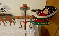 Vintage Handmade Cast Iron Santa, Sleigh & Reindeer Metal Candleholder 32 Long