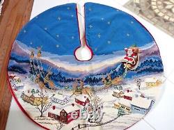 Vintage Handmade Needlepoint Christmas Tree Skirt Santa In Sleigh With Reindeer B