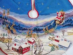 Vintage Handmade Needlepoint Christmas Tree Skirt Santa In Sleigh With Reindeer B