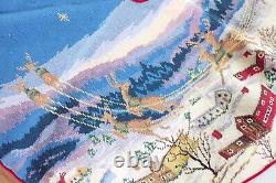 Vintage Handmade Needlepoint Christmas Tree Skirt Santa In Sleigh With Reindeer B