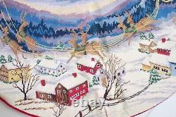 Vintage Handmade Needlepoint Christmas Tree Skirt Santa In Sleigh With Reindeer B