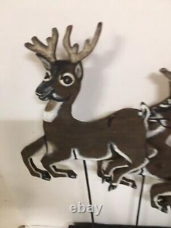 Vintage Handmade Wooden Santa Sleigh & Reindeer Rudolph Christmas Wood Decor