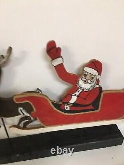 Vintage Handmade Wooden Santa Sleigh & Reindeer Rudolph Christmas Wood Decor