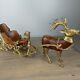 Vintage Heavy Brass And Carved Wood Santa Sleigh And Reindeer Christmas 24