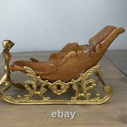 Vintage Heavy Brass And Carved Wood Santa Sleigh And Reindeer Christmas 24