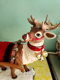 Vintage Holiday Creation Animated Musical Christmas Santa On Sleigh Reindeer