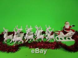 Vintage Holland Mold Ceramic Santa Sleigh and 9 Reindeer Christmas Rudolph