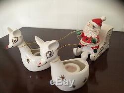 Vintage Holt Howard Santa And Sleigh With Two Reindeer Candle Holders