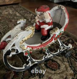 Vintage Hubley style Santa on sleigh Reindeer cast iron Christmas toy