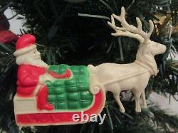 Vintage Irwin Celluloid Santa On Sled Full Gifts Lrg Antler Reindeer Xmas Decor