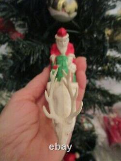 Vintage Irwin Celluloid Santa On Sled Full Gifts Lrg Antler Reindeer Xmas Decor