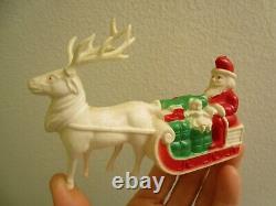 Vintage Irwin Celluloid Santa On Sled Full Gifts Lrg Antler Reindeer Xmas Decor