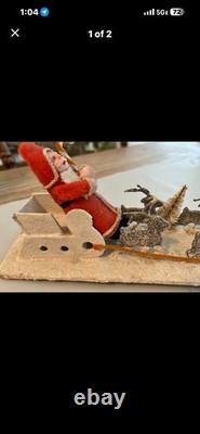 Vintage JAPAN Christmas Santa Sleigh Reindeer Scene Felt Santa c. 1950