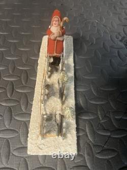 Vintage JAPAN Christmas Santa Sleigh Reindeer Scene Felt Santa c. 1950