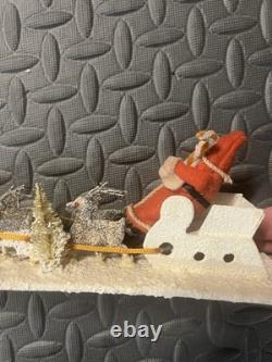 Vintage JAPAN Christmas Santa Sleigh Reindeer Scene Felt Santa c. 1950