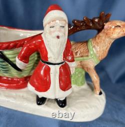 Vintage Japan Santa, Sleigh, Reindeer, Ceramic Hand Painted Planter, Candy Dish