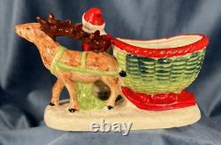 Vintage Japan Santa, Sleigh, Reindeer, Ceramic Hand Painted Planter, Candy Dish