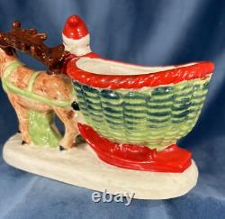Vintage Japan Santa, Sleigh, Reindeer, Ceramic Hand Painted Planter, Candy Dish