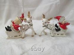 Vintage Japan Ucagco pair Christmas Elves in Santa Suits Sleighs Reindeer
