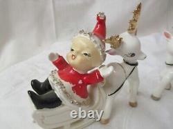 Vintage Japan Ucagco pair Christmas Elves in Santa Suits Sleighs Reindeer