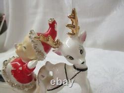 Vintage Japan Ucagco pair Christmas Elves in Santa Suits Sleighs Reindeer