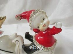 Vintage Japan Ucagco pair Christmas Elves in Santa Suits Sleighs Reindeer