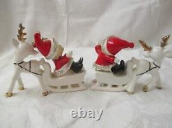 Vintage Japan Ucagco pair Christmas Elves in Santa Suits Sleighs Reindeer