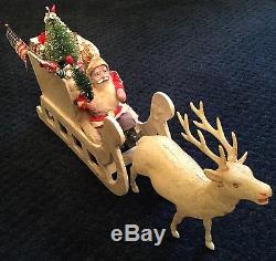 Vintage Japanese Santa In Toy Filled Sleigh Pulled By Celluloid Reindeer