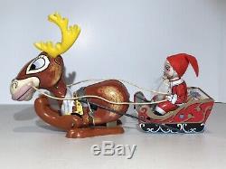 Vintage Jumping Reindeer Pulling Santa Sleigh Tin Litho Wind Up Toy Mikuni Japan