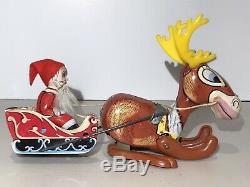 Vintage Jumping Reindeer Pulling Santa Sleigh Tin Litho Wind Up Toy Mikuni Japan