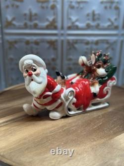 Vintage Kreiss Santa Pulling Sleigh With Sleepy Reindeer 7 1/2 Long 4 1/2 Tall