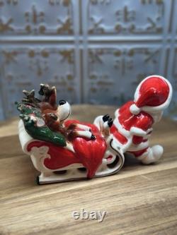 Vintage Kreiss Santa Pulling Sleigh With Sleepy Reindeer 7 1/2 Long 4 1/2 Tall