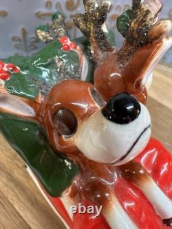 Vintage Kreiss Santa Pulling Sleigh With Sleepy Reindeer 7 1/2 Long 4 1/2 Tall
