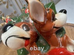 Vintage Kreiss Santa Pulling Sleigh With Sleepy Reindeer 7 1/2 Long 4 1/2 Tall