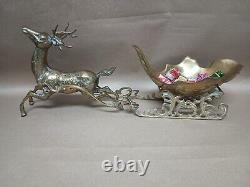 Vintage Large Etched Brass Reindeer Santa Sleigh Centerpiece Deer 23Wx6Dx9H