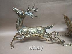 Vintage Large Etched Brass Reindeer Santa Sleigh Centerpiece Deer 23Wx6Dx9H