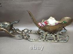 Vintage Large Etched Brass Reindeer Santa Sleigh Centerpiece Deer 23Wx6Dx9H