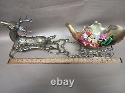 Vintage Large Etched Brass Reindeer Santa Sleigh Centerpiece Deer 23Wx6Dx9H