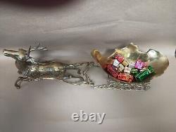 Vintage Large Etched Brass Reindeer Santa Sleigh Centerpiece Deer 23Wx6Dx9H