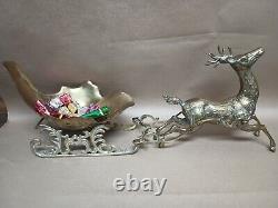 Vintage Large Etched Brass Reindeer Santa Sleigh Centerpiece Deer 23Wx6Dx9H